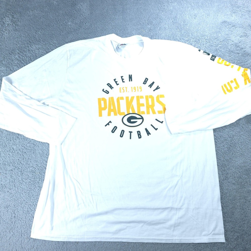 Green Bay Packers Shirt Mens 2XL White NFL Football Majestic Long Sleeve Tee